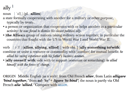 screenshot of the dictionary entry and definition of the word 'ally' superimposed over the image of the ceramics vessel